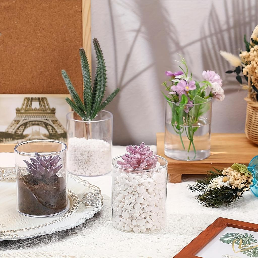 6/4 Pcs Plastic Cylinder Vase Acrylic Cylinder Vase Small Clear Flower Container Hurricane Candle Holder Round Wide Container