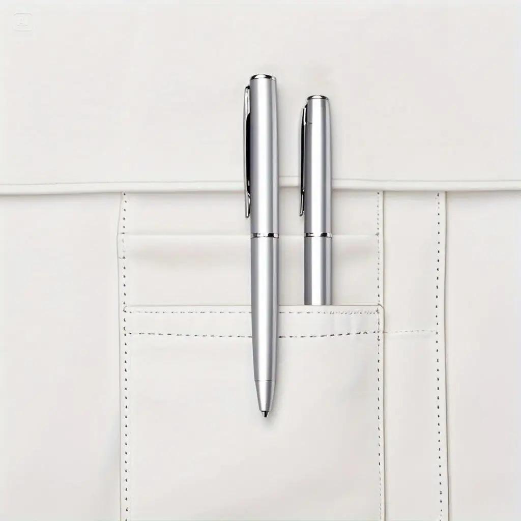 4pcs Fashion Silvery Ballpoint Pen, Mini Pocket Pen Set,Medium Tip,Rotatable Design-School Stationery,Cute Office Supplies