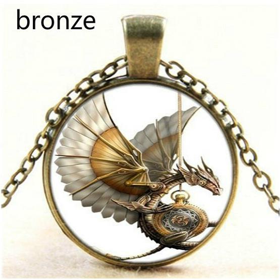 

Vintage Steampunk Dragon Po Cabochon Glass Bronze Pendant Necklace бронзовий