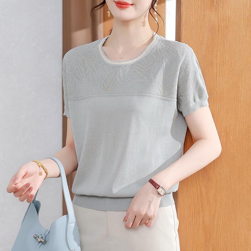 XUEXI Mom s Summer Ice Silk Knit Short-Sleeve T-Shirt L