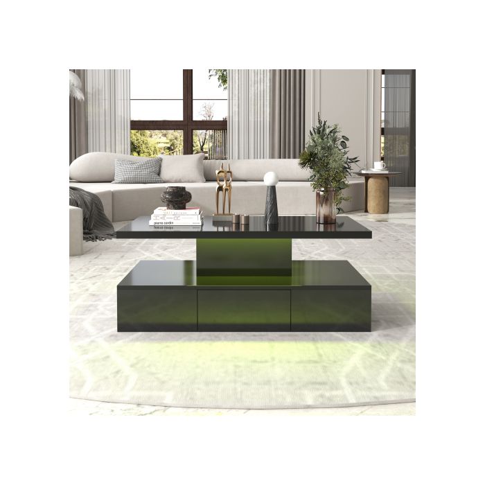 Konferenční stolek, stolek se zásuvkami, vysoký lesk, odkládací stolek se dvěma úrovněmi pro ukládání. S LED světlem