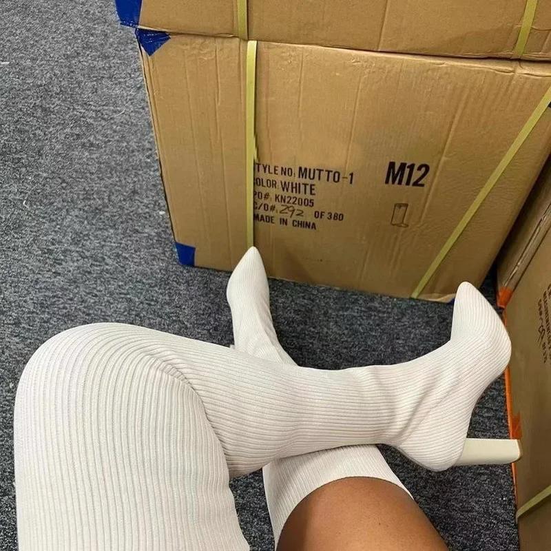 Fashion New Autumn Winter Pointed Thick High-heeled Knitted Over-the-knee Boots Women's Elastic Wool Socks Boots Chaussettes et bottes