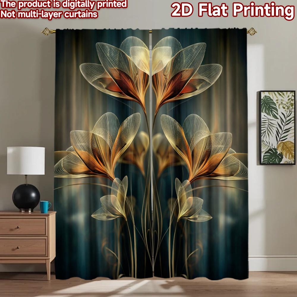 2D flat printing 2pcs Curtain Window Treatment Curtains Glowing Flowers Digital Printed Polyester Drapes Seasonal Party &