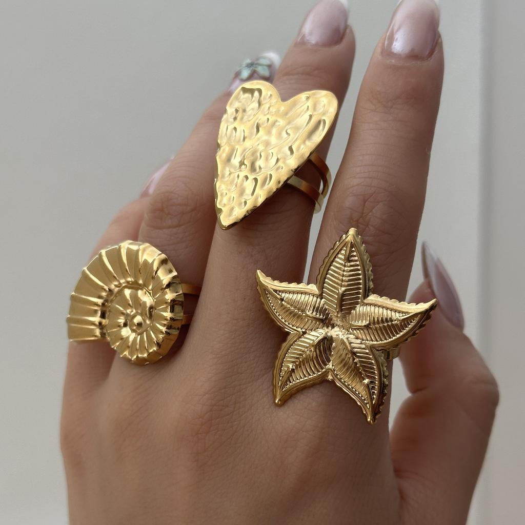 Exaggerated Geometric Heart Open Ring for Women Stainless Steel Gold Plated Starfish Conch Ring Summer Party Jewelry Gifts