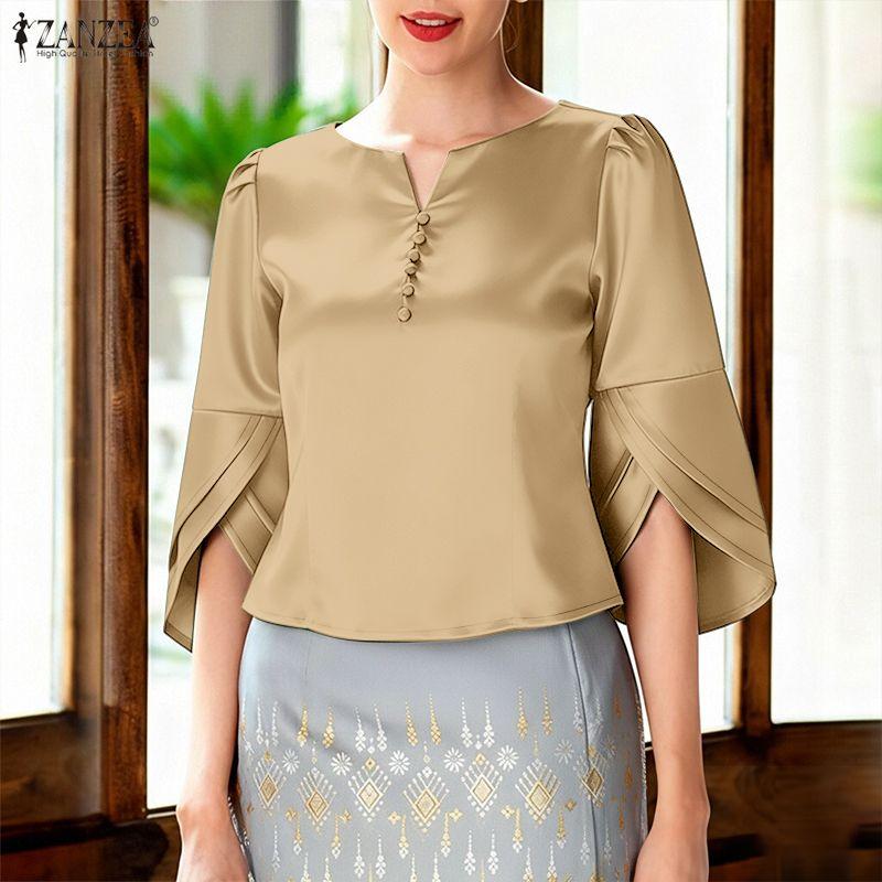 ZANZEA Women Casual V-Neck 3/4 Sleeve Loose Satin Blouse