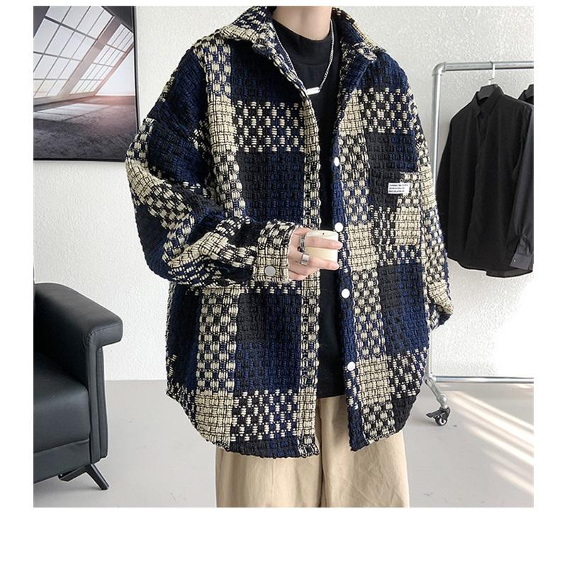 Men's Plaid Tweed Jacket Casual Button Down Shacket Coat Long Sleeve Loose Fit Streetwear Autumn Winter Fashion Outerwear