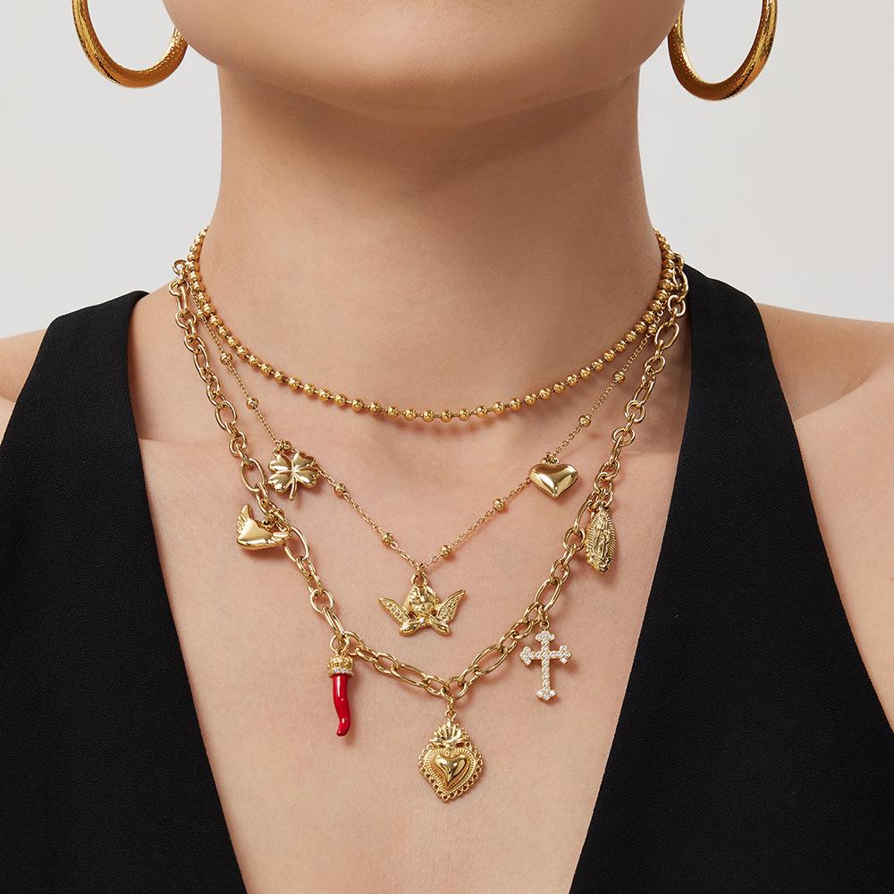 European Luxury Heart Multi-Pendant Double Layer 18K Gold-Plated Stainless Steel Necklace