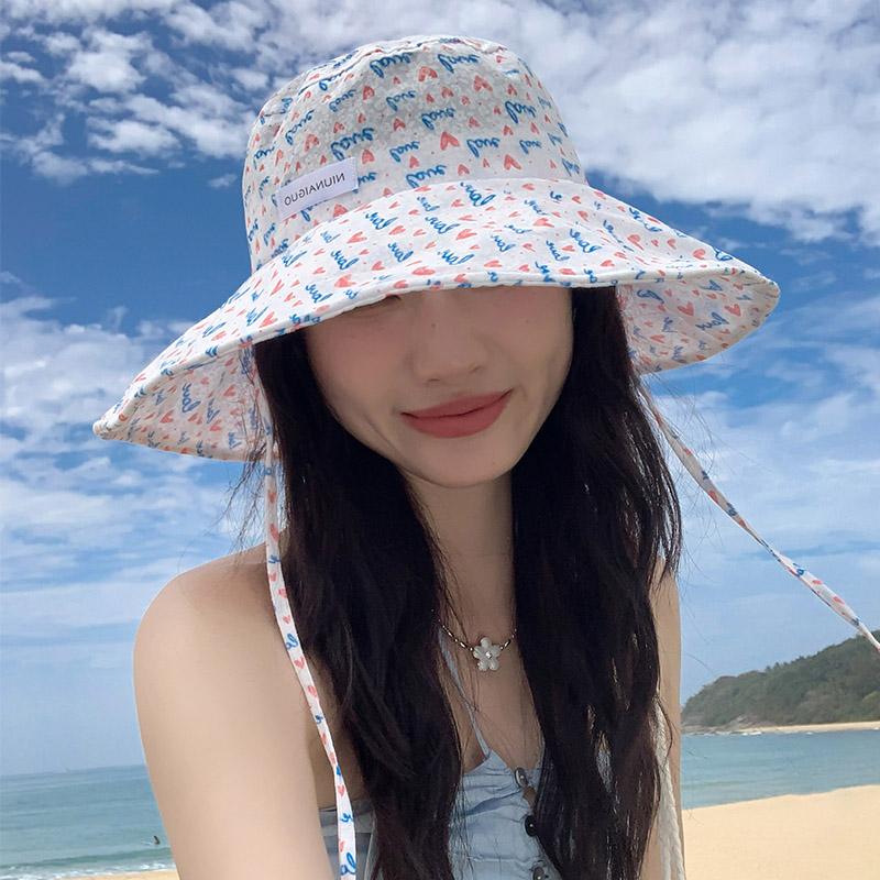 Spring and Summer Love Love Big Brim Bucket Hat Women's Seaside Vacation Travel Sunscreen Sunshade Sun Hat Basin Hat