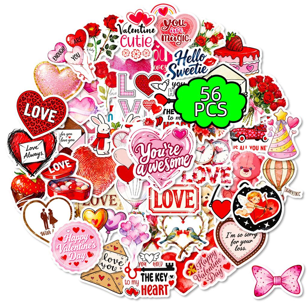 56 Valentine'S Day Themed Red Cute Cartoon Graffiti Stickers Festive Atmosphere Decorative Waterproof Stickers