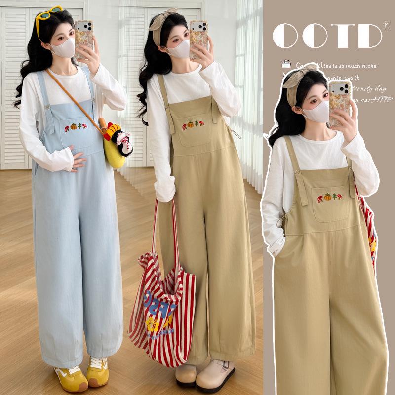 Spring 2026 Fashionable Maternity Embroidered Loose Strap Pants, Korean Style Belly Covering Adjustable Simple Design XXL