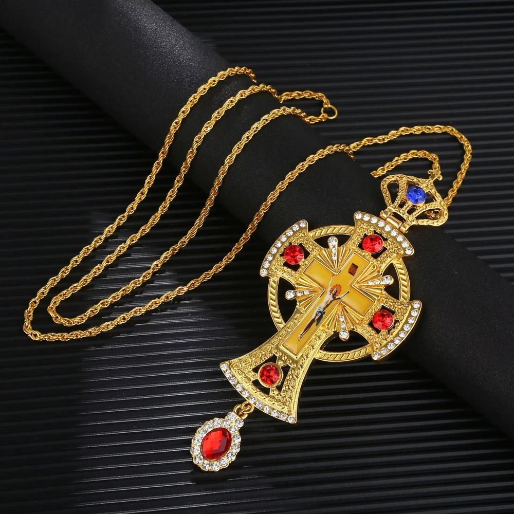 Orthodox Pectoral Cross Necklace Pendant Christian Episcopal Gold Plated Alloy Jesus Icons Gold Sweater Chain Chains