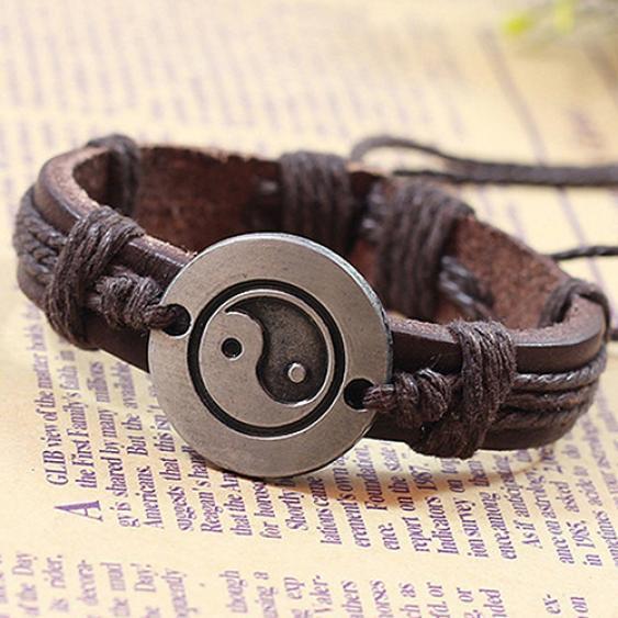 Men Women Alloy Tai Ying Yang Pattern Faux Leather Braid String Bracelet Chain
