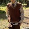 Vintage genser vest strikket høst vinter ermeløs herre preppy stil løs avslappet V-hals gensere