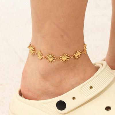 Sonnenblumen-Fußkettchen aus Edelstahl - 18 Karat vergoldet, Retro Trendiger Stil für Damen