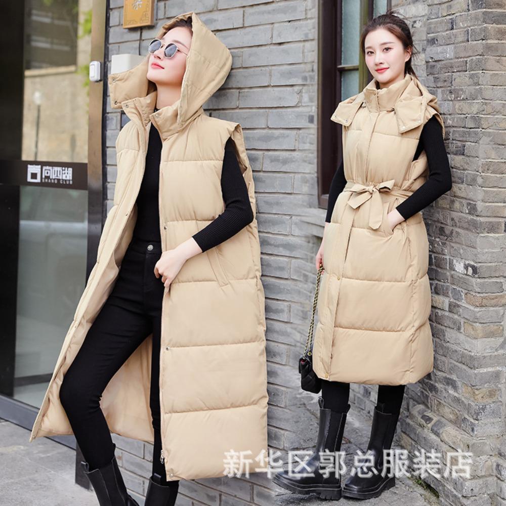 Women's Hooded Sleeveless Long Gilet Loose Fit Padded Vest for Autumn Casual Wear