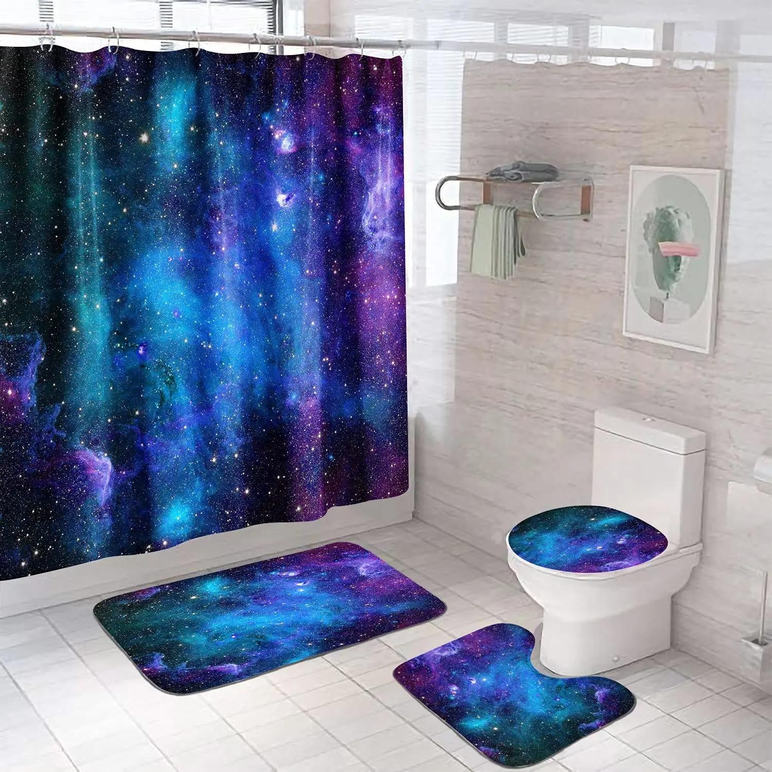 Monika Chen Purple Galaxy Shower Curtain Set Non-Slip Rug Toilet Lid Cover Bath Mat Starry Space Shower Curtain Nebula Universe Bathroom Set