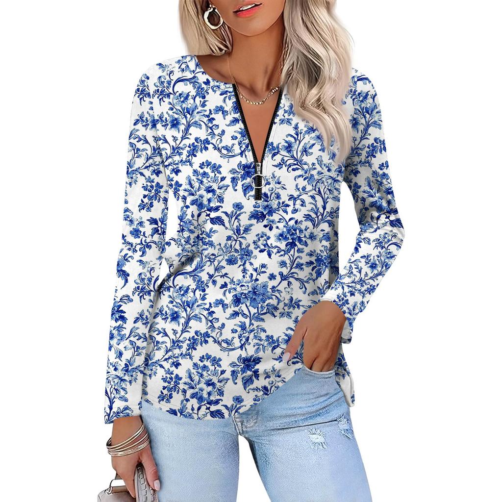 Damenmode Lässig Bedruckt Reißverschluss V-Ausschnitt Langarm Shirt Tops