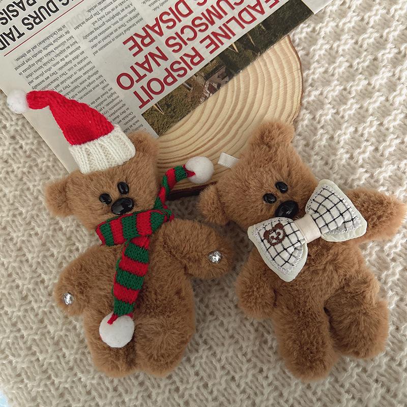 Kawaii Brown Little Bear Plush Keychain Cute Christmas Hat Bear Pendant Squeaking Bear Car Keyring Girls Women Bag Accessories