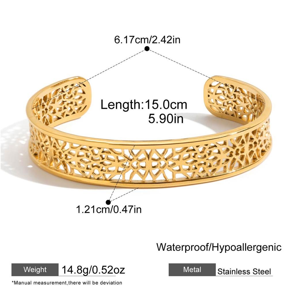 18K Gold PVD Plated Stainless Steel Cuff Bracelets Women Delicate Hollow Out Lace Texture Metal Wide Bangles Anti Tarnish