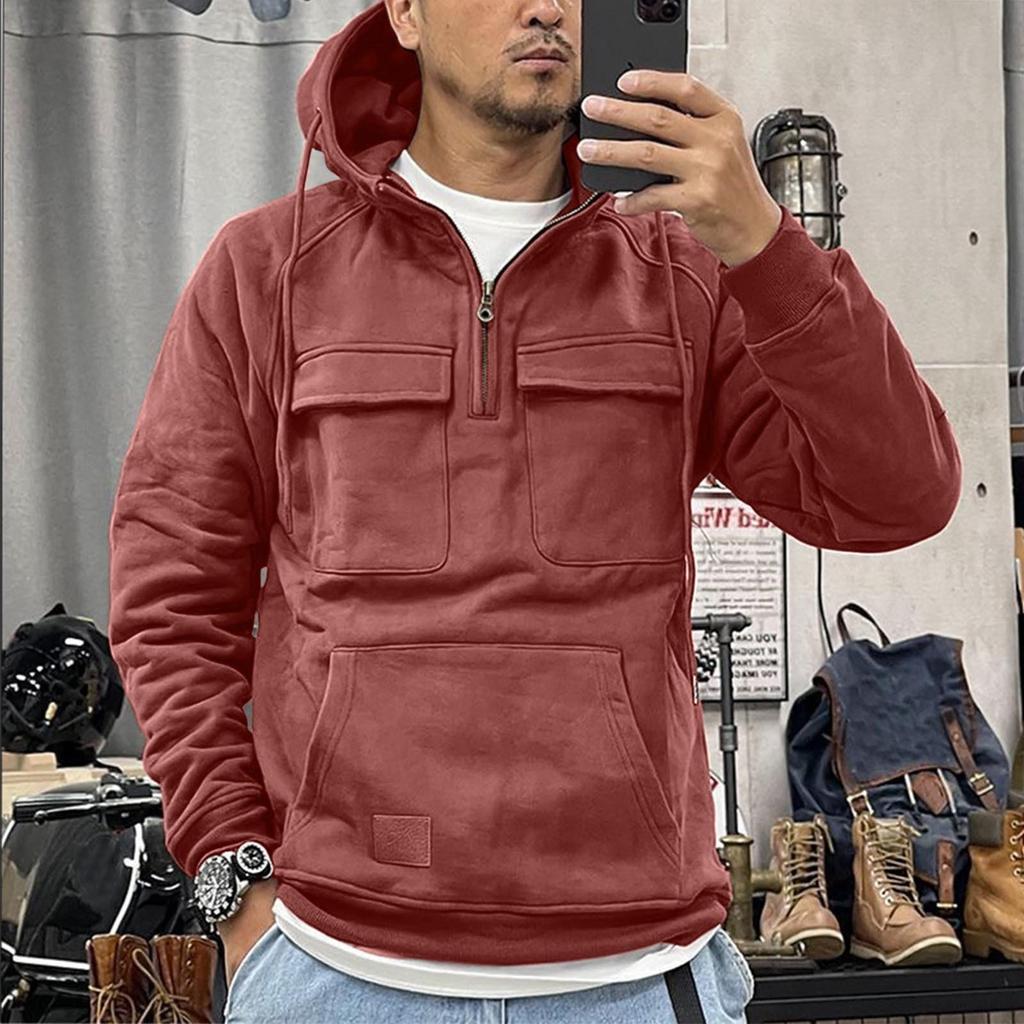 Men's Hooded Solid Color Sweater, European And American Youth Sports Multi Pocket Patch Leather Sweater Jacket