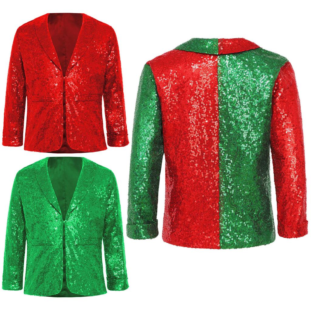 Kids Unisex Christmas Coat Shiny Sequins Lapel Collar Long Sleeve Jacket Latin Jazz Disco Dance Costume