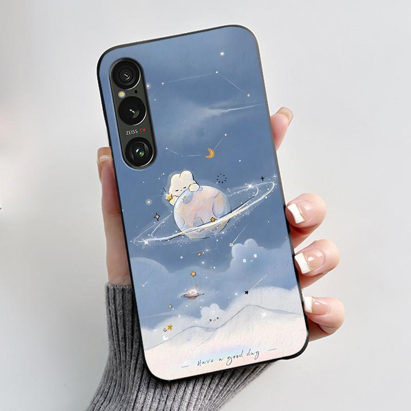 For Sony Xperia 1 VI VII Case Aesthetic Cute Cat Astronaut Soft Silicone Black TPU Back Cover Slim thin Shockproof Shell Fundas