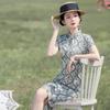 Summer new medium and long printed satin cheongsam, improved girlish temperament catwalk shooting retro new Chinese style