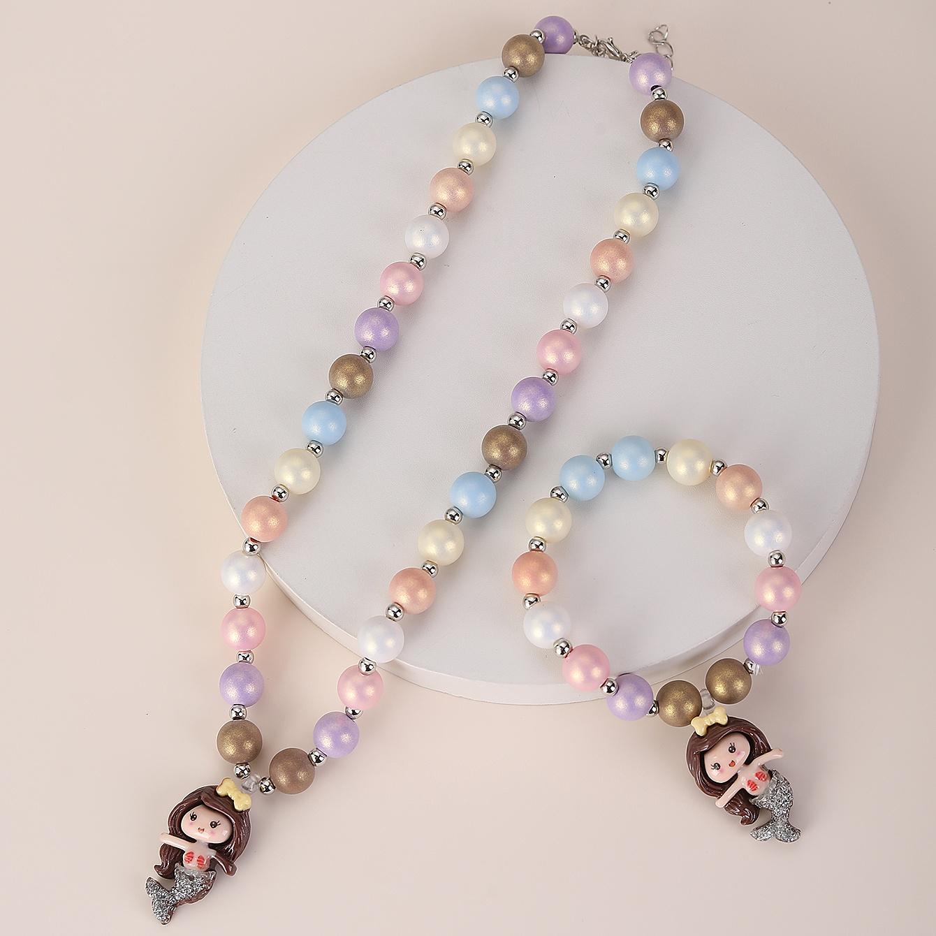 

Детский костюм ожерелья и браслета из цветных бусин русалки, принцесса, маленькая девочка, милые циркониевые аксессуары разноцветный