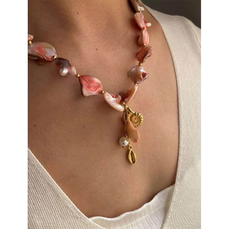 Handmade Imitation Pearls Shell Necklace With Conch Charm Stainless Steel Lightweight Fashion Jewelry Gift