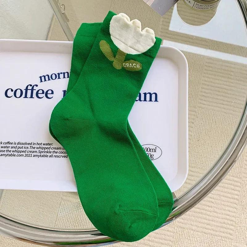 Women Socks Korean Japanese Style Cartoon Green Flower Harajuku Cute Kawaii Mid Tube Socks Breathable Casual Short  Cotton Socks