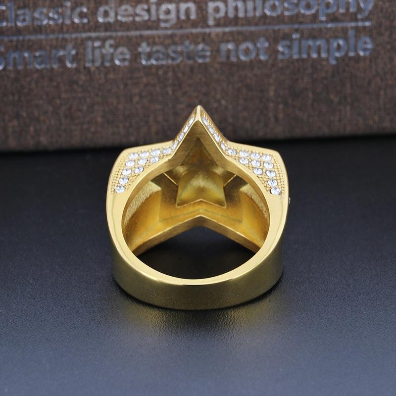 Hip Hop Gold Color Full Zircon Finger Rings For Men Larger Pentagram Ring Stainless Steel Women Charm Party Jewelry Accessory