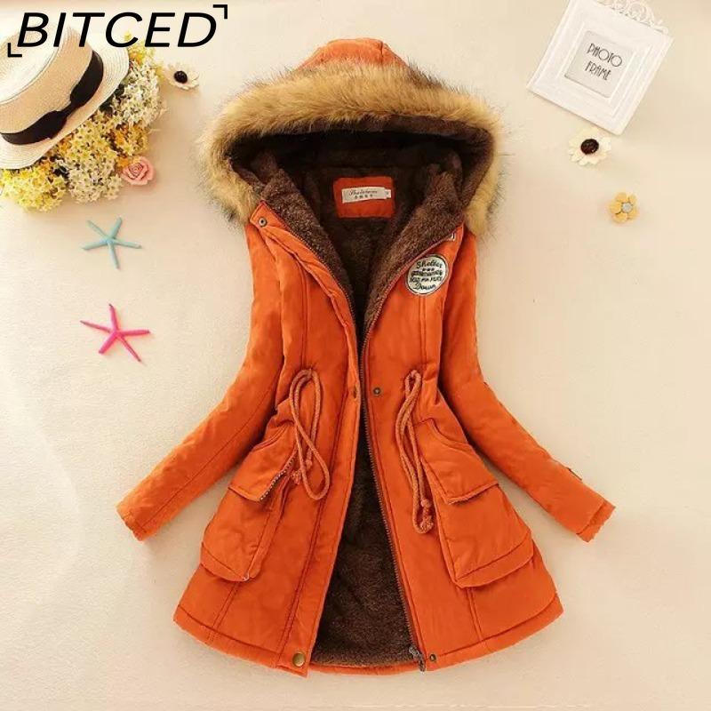 BITCED Fall/Winter Women's Plus Size Thickened Standard-Fit Long-Sleeve Hooded Shearling-Lined Cotton Jacket