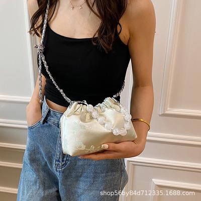 Premium Texture Small Bag Women's 2025 New Fashion Beaded Pleated Shoulder Messenger Bag Niche Design Underarm Bag