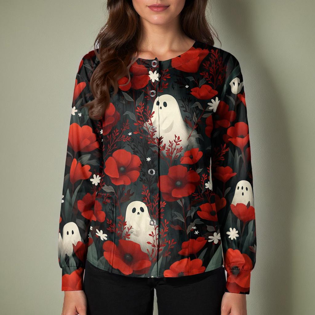 Women's Casual Long Sleeve Single-Breasted Halloween Print Cardigan Top for Fall
