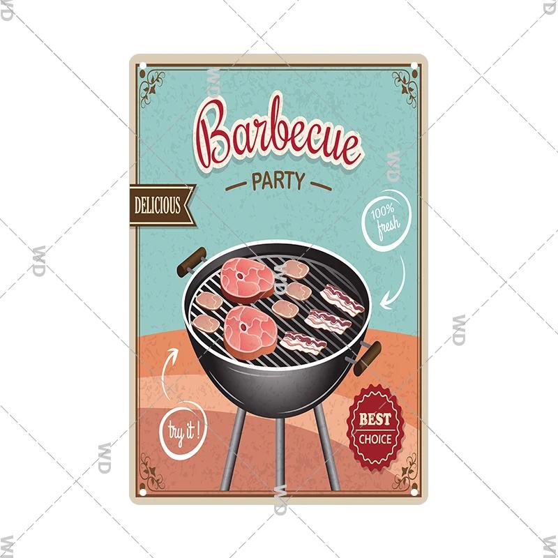 Dad's BBQ Party Metal Tin Plaque Retro Tin Signs Barbecue Rules Slogan Plate Vintage Grill Poster Yard Garden Kitchen Wall Decor