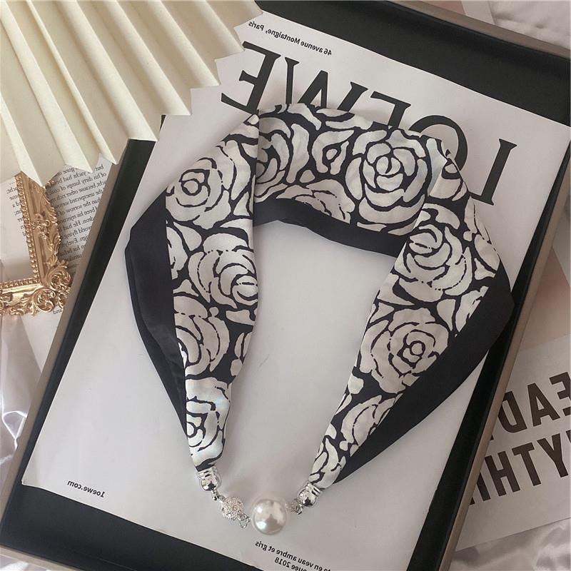 Luxury Design Magnetic Pearl Buckle Silk Scarf For Women Summer Thin Neck Scarves Decorative Shirt Lady Fashion
