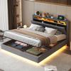 Upholstered Bed 160x200 Cm, Hydraulic Floating Bed Frame with Storage Space, with USB Socket and LED Light, Reversible Headboard, Linen Grey