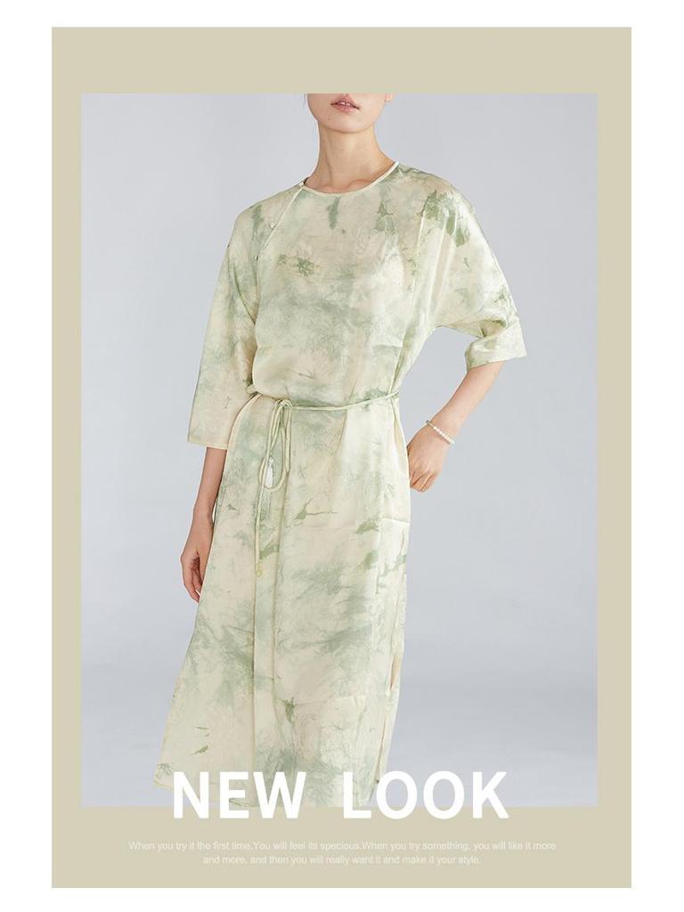 Handmade Tie-Dye Mulberry Silk Jacquard Dress - Chinese Style, Round Neck, Slanted Placket, Seven-Sleeve Midi