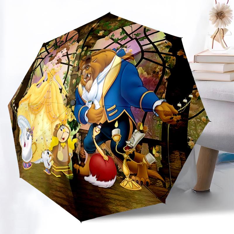 1pc Beauty and the Beast Auto Open Close Umbrella, Portable 3-Fold Design with 8-Bone Iron Frame, Outdoor Umbrella for Fans, Travelers, Dail
