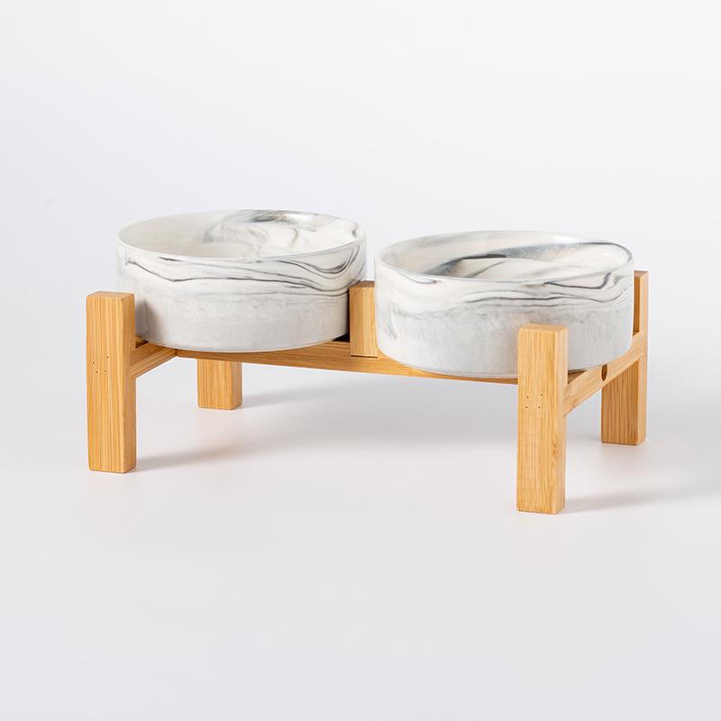 Ceramic Pet Food Bowl with Elevated Bamboo Stand - Anti-Tip Design for Dogs and Cats, Protects Cervical Spine