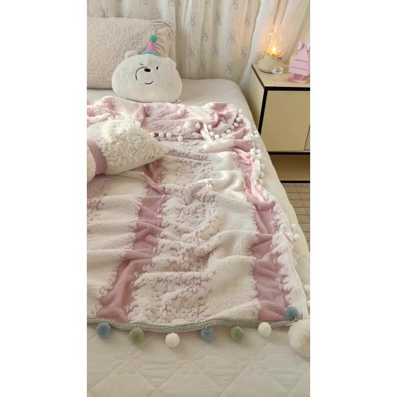 250G Two-Color Cationic Jacquard Throw Blanket with Small Handmade Pom-Poms
