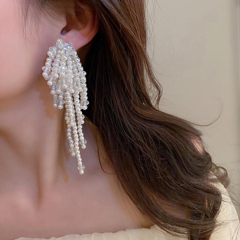 Baroque Silver Needle Crystal Flower Pearl Earrings