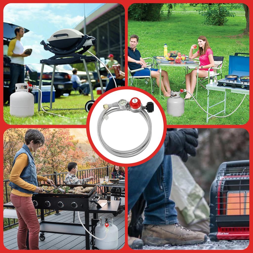 5FT Edelstahl Messing Propanregler und Schlauch 30 PSI Einstellbar Hitzebeständig Gasgrillregler Schlauch für Campingkocher