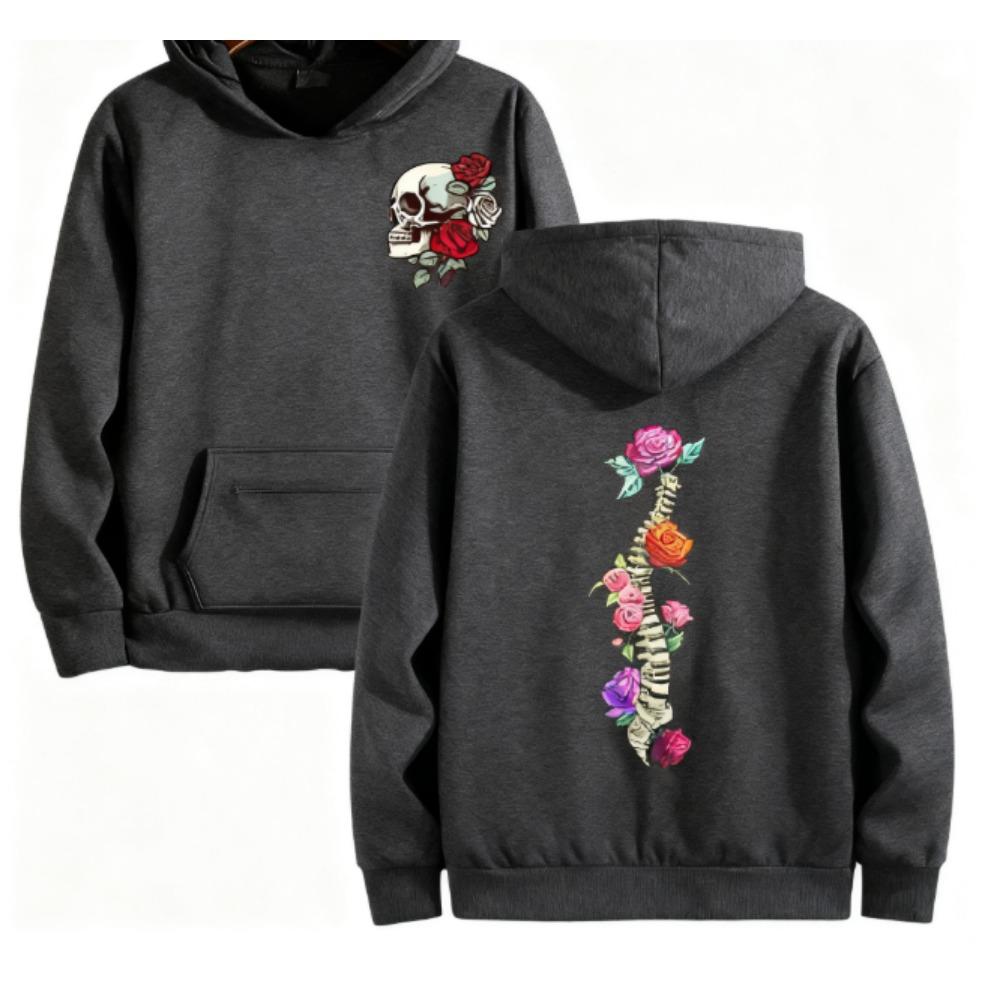 Men's Casual Hoodie Autumn/winter Gothic Skull with Rose Spine Dark Aesthetic Sportswear