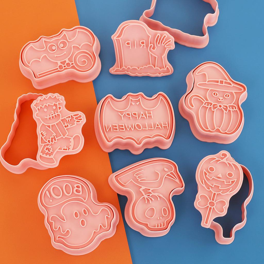 Halloween Cookie Cutters Set of 8 Pcs Witch Owl Spidder Bat Design Cookie Stamps Plastic Pumpkin Halloween Biscuit Molds 1