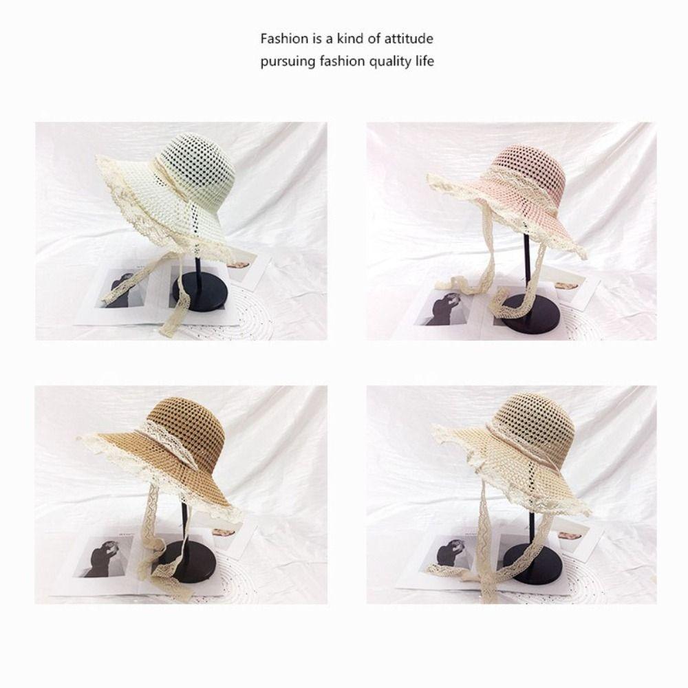 Breathable Lace Tied Sun Hat Large Brim UV Protection Cap Sweet Women Straw Hat  Travel