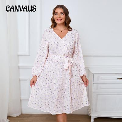 Plus Size Women's Fashion New Floral Fresh Sweet Elastic Waist V Neck Long Sleeve Dress