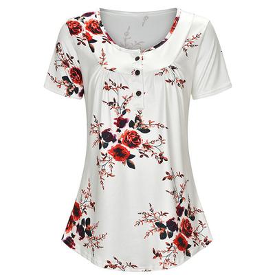 Women Printed Buttons Up Round Neck Short Sleeve Blouse