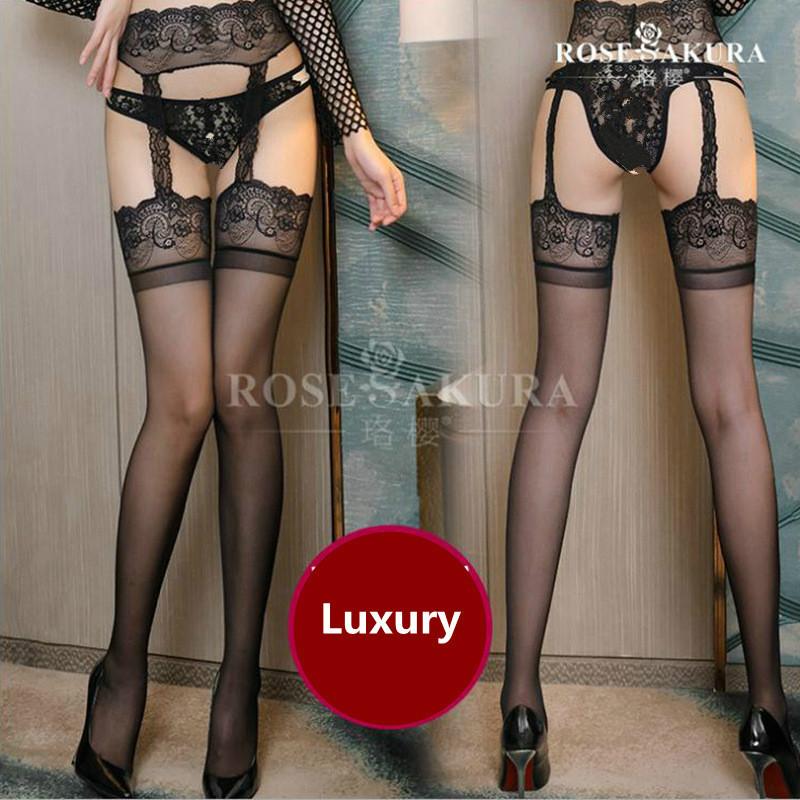 12D Women Sexy Garter Belt Stockings  In One Thigh High Socks Transparent Silk Lace Black Stockings Jarretelles Sexy Knee Socks