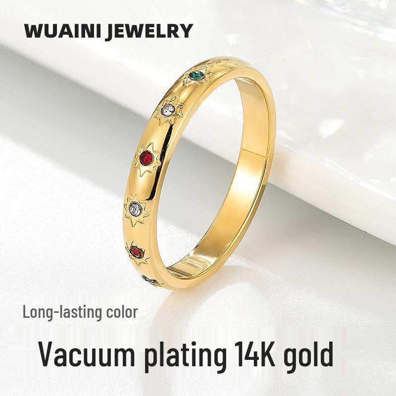 

Zircon Eight-Pointed Star Diamond Ring in 14K Gold – Titanium Steel, Non-Fading Gemstone Jewelry. Size 9